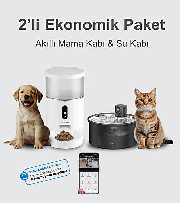 NEUTRON Akıllı Otomatik Evcil Hayvan Mama Kabı ve ŞARJLI KABLOSUZ Led Işıklı Çelik Su Kabı İkili Ekonomik Set - Neutron